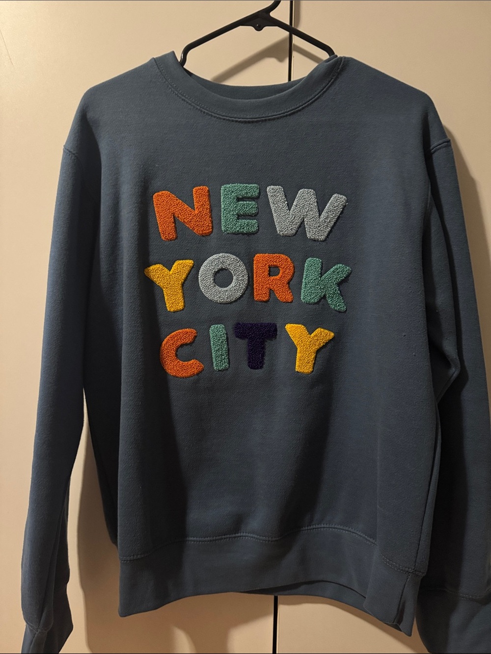 Blue Crewneck Sweatshirt with Multicolor Chenille 'NEW YORK CITY'